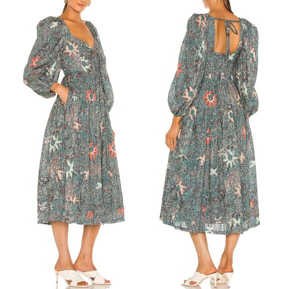 Ulla Johnson Kemala Midi Dress US 4 Malachite Floral Print Milkmaid Celebrity - Picture 2 of 16